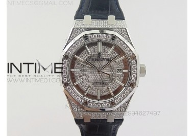 Royal Oak 41mm 15402 SS Full Paved Diamonds JF 1:1 Best Edition Diamonds Dial on Blue Leather Strap A3120