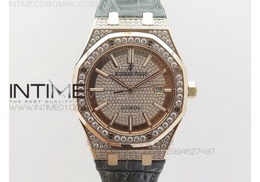 Royal Oak 41mm 15402 RG Full Paved Diamonds JF 1:1 Best Edition Diamonds Dial on Gray Leather Strap A3120