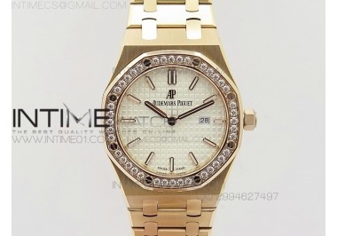 Lady Royal Oak 33mm 15000 RG JF 1:1 Best Edition White Textured Dial Diamond Bezel on RG Bracelet RONDA Quartz