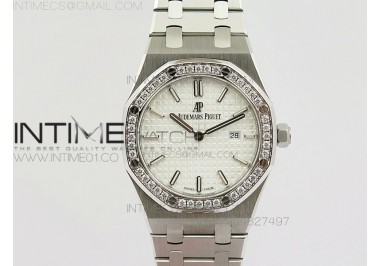 Lady Royal Oak 33mm 67651 SS JF 1:1 Best Edition White Textured Dial Diamond Bezel on SS Bracelet RONDA Quartz