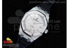 Royal Oak 37mm 15452 SS Full Paved Diamonds JF 1:1 Best Edition Diamonds Dial on Blue Leather Strap A3120