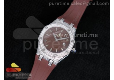 Lady Royal Oak 33mm Full Paved Diamonds Brown Textured Dial on Brown Rubber Strap Jap Quartz