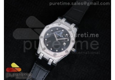 Lady Royal Oak 33mm Full Paved Diamonds Black Textured Dial on Black Leather Strap Jap Quartz