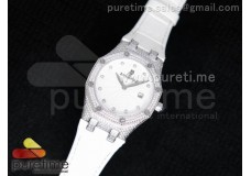 Lady Royal Oak 33mm Full Paved Diamonds White Textured Dial on White Leather Strap Jap Quartz